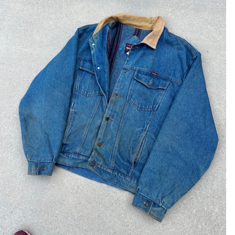 Rustler Denim Jacket Mens XL Blanket Lined Corduroy Collar Blue Trucker 15101